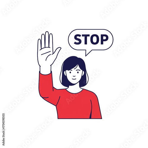 Woman Holding Up Hand in Stop Gesture with Speech Bubble