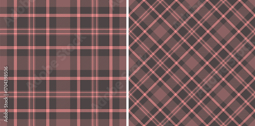 Two seamless tartan patterns, classic and diagonal, in shades of brown and soft pink. Versatile background for textile design, crafts, branding,  digital projects.