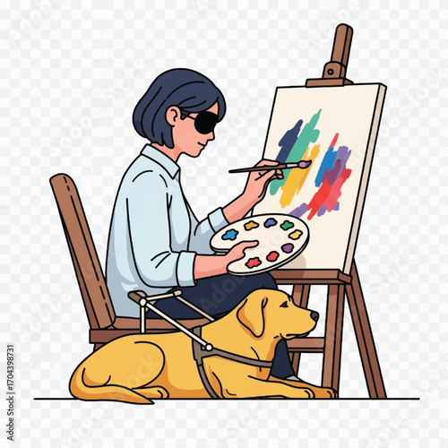 woman painting abstract art with dog resting nearby