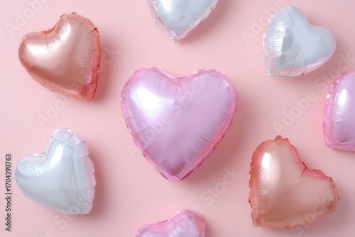 Heart shaped balloon. White silver and pink colored party balloons on a pastel background. Glossy, shiny foil balloons. Good for anniversary wedding, celebration birthday. Happy St. Valentine's day.