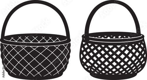 Two woven baskets with handles in a black and white silhouette style