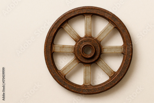 A rusty wheel with plastic spokes on a light background. Space for text.