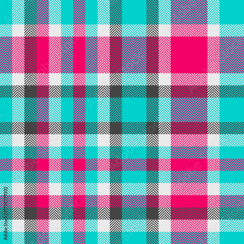 Vibrant herringbone plaid pattern in teal, pink, and gray.  Perfect for textile design, fashion, websites, or any project needing a bold, energetic aesthetic.