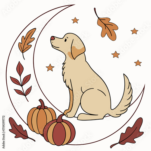 Cute Gentle Golden Retriever, accessorized with sitting on a moon, in a Autumn world – Autumn Leaves palette vector