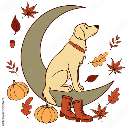 Cute Gentle Golden Retriever, accessorized with sitting on a moon, in a Autumn world – Autumn Leaves palette vector