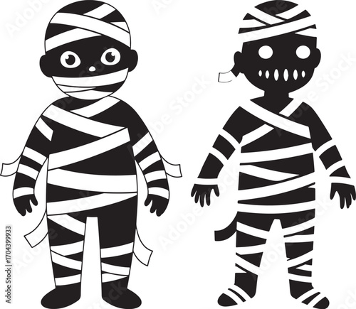 Two cartoon mummies standing side by side silhouette