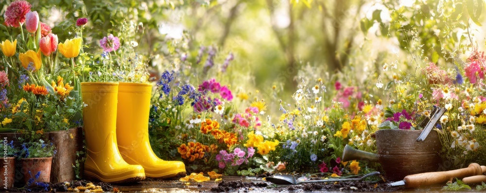 Obraz premium Garden Tools and Spring Blossom Flowers Background. Banner gardening scene with pair of yellow boots, watering can and blooming daisies. Spring working, taking care of the plants, growing vegetables.