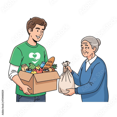 Volunteer delivering groceries to elderly woman in community outreach