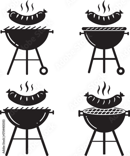 Four black silhouettes of barbecue grills with sausages cooking
