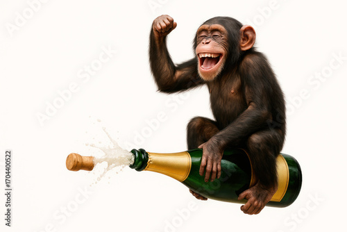 A cheerful monkey is sitting on a bottle of champagne. Space for text.