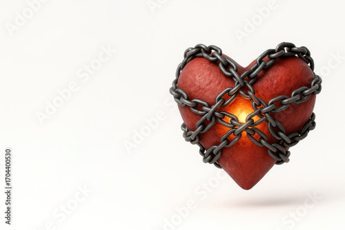 A red heart in chains with an inner light. Space for text.