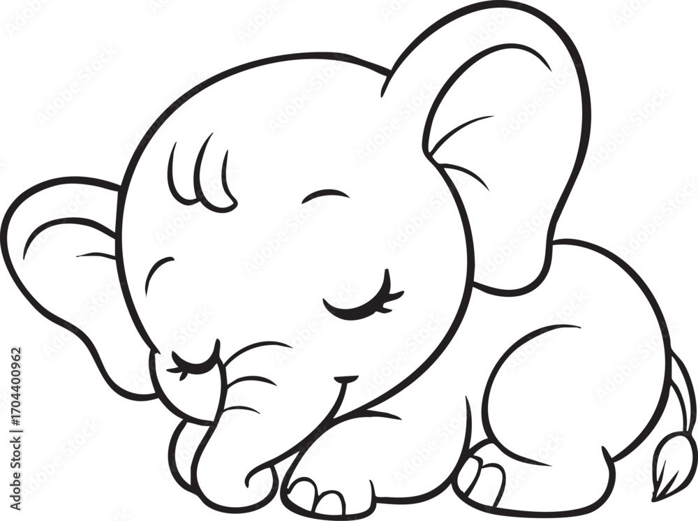 Fototapeta premium Sweet cute chibi baby elephant resting sleeping calmly coloring page outline illustration