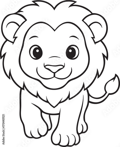 Sweet cute chibi lion with fluffy mane sitting smiling coloring page outline illustration