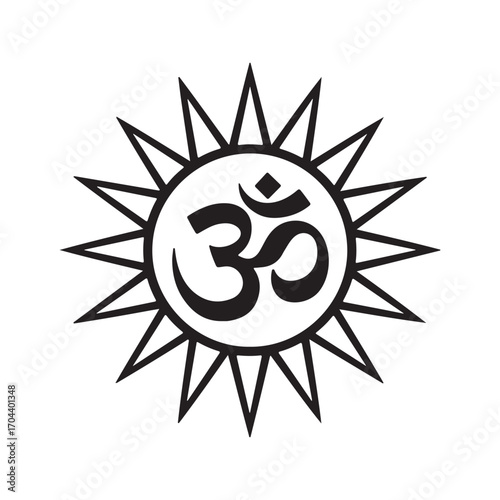 Om symbol inside radiant sun – sacred mantra and yoga emblem, meditation and spiritual vector art OM