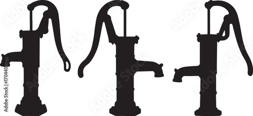 Three vintage cast iron hand water pumps in a row silhouette