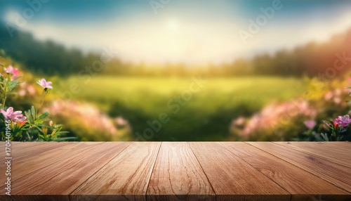 Empty Woooden Table Top With Abstract Light Blur Floral Landscape Background