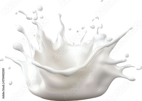 White Milk Splash with Droplets Isolated on White Background Keywords: milk, splash, liquid, white, dairy, drink, fluid, droplet, pouring, motion, dynamic