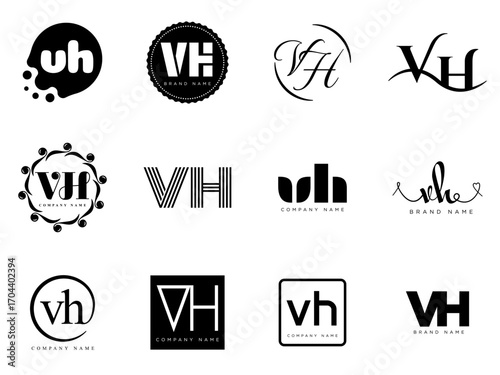 VH logo company template. Letter v and h logotype. Set different classic serif lettering and modern bold text with design elements. Initial font typography.