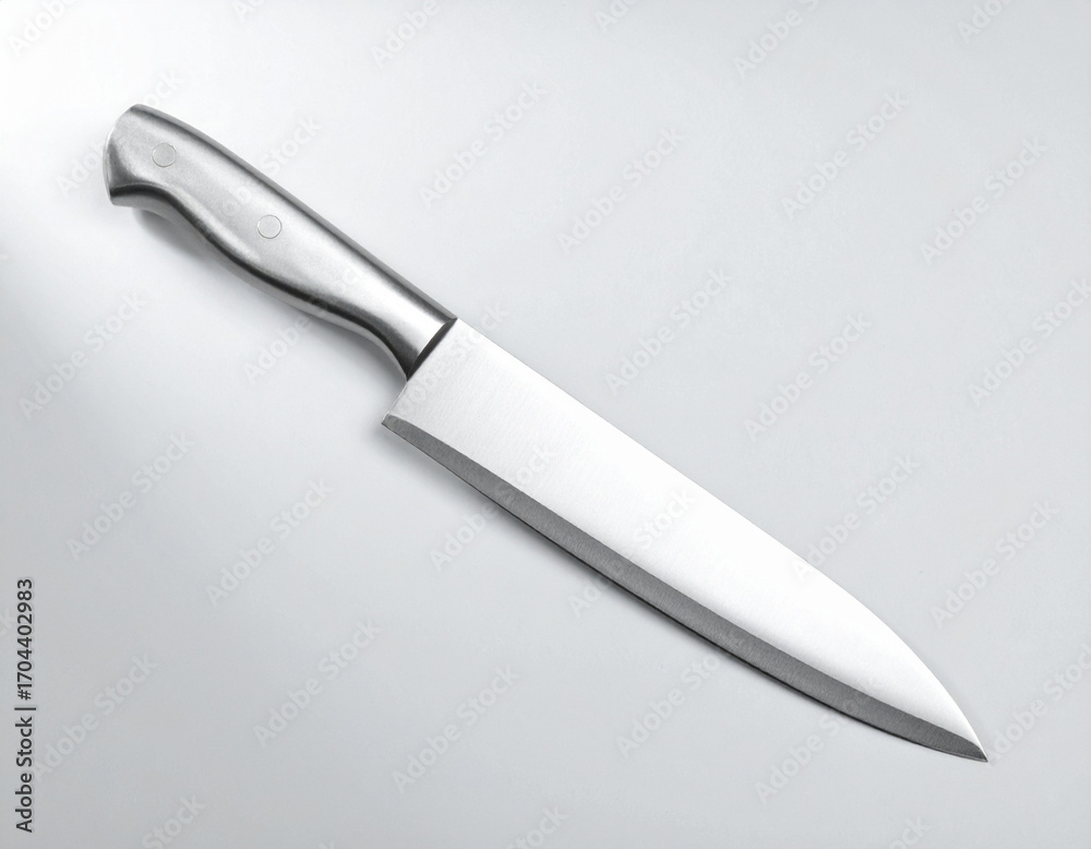 Obraz premium Stainless Steel Chef's Knife on White Background, Kitchen Utensil, Sharp Blade