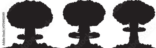 Three mushroom cloud silhouettes representing nuclear explosions or powerful events silhouette