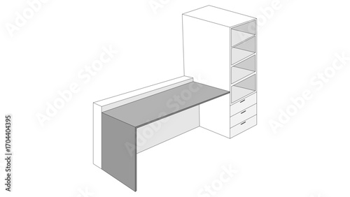 3d render of a desk with bookcase column on the right
