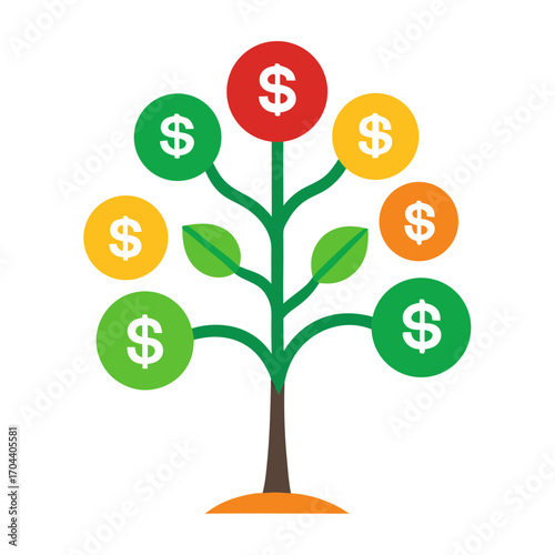 Money tree with colorful dollar coins and green leaves