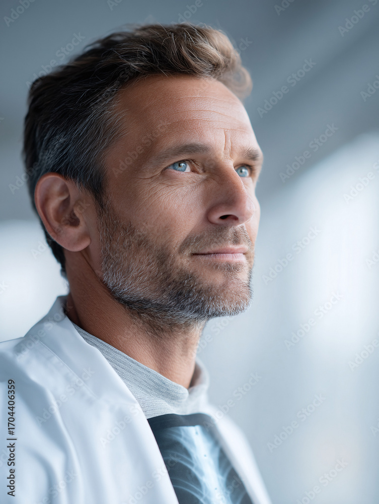 Obraz premium Contemplative doctor with an Xray, looking forward. Symbolizes medical expertise, future of healthcare, and insightful diagnostics. Perfect for medical, science, or hope themes.