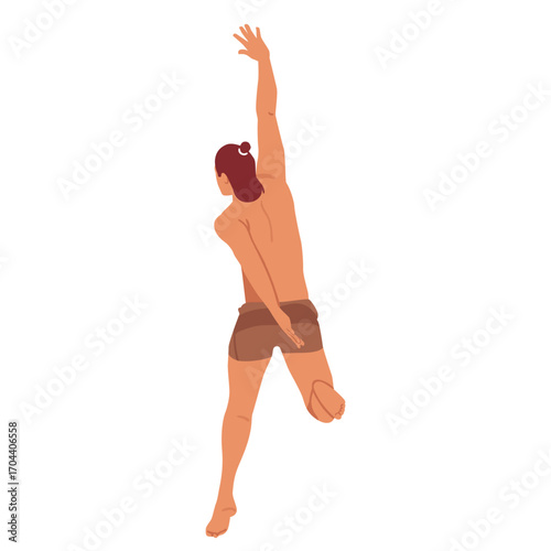 View from back of excited guy cartoon tourist character wearing swimming shorts in jumping pose