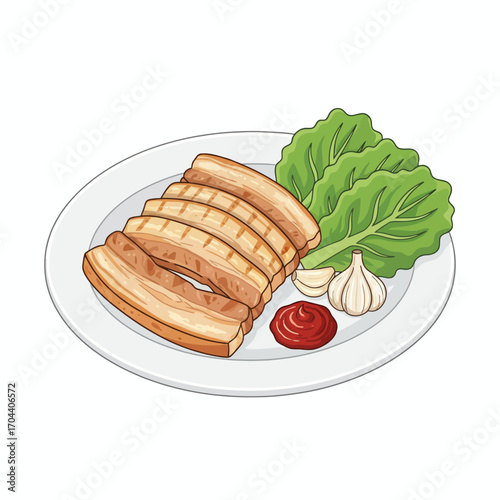 Savor perfectly grilled pork belly with fresh greens, garlic, and savory sauce on a clean plate