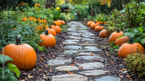 Pumpkins lining a stone path in a garden.