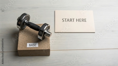 Fitness Journey Begins with Dumbbell and Start Here Sign on Table