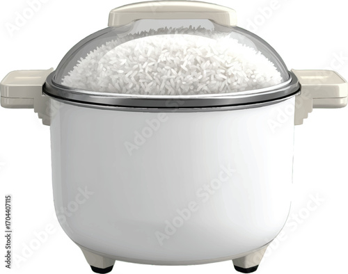 Small White Rice Cooker with Transparent Dome Lid and Beige Handles Filled with Rice appliance