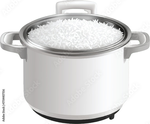White Rice Cooker with Glass Lid Showing White Rice Grains and Silver Handles appliance kitchen