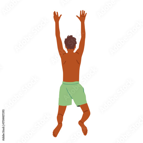 Teenage guy cartoon character wearing swimming trousers jumping hanging in air with arms raised