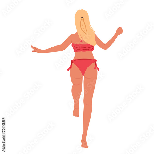 Beautiful woman cartoon character wearing bikini swimsuit in jumping position isolated on white