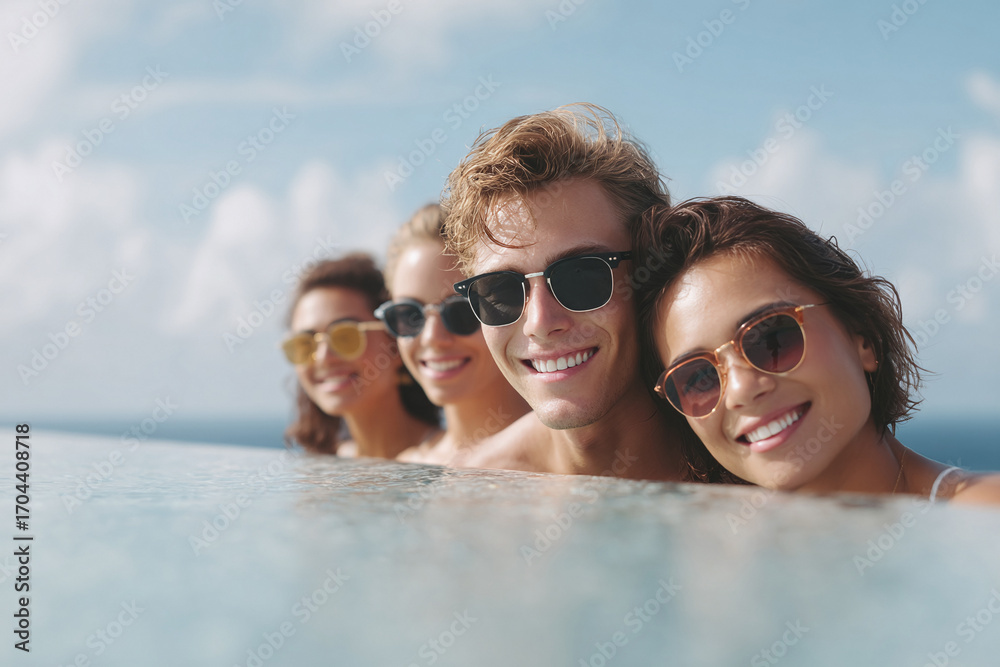 Fototapeta premium Joyful friends in sunglasses relax at a luxury pool, overlooking the sea on vacation. Represents summer fun, youth, friendship, and idyllic travel.