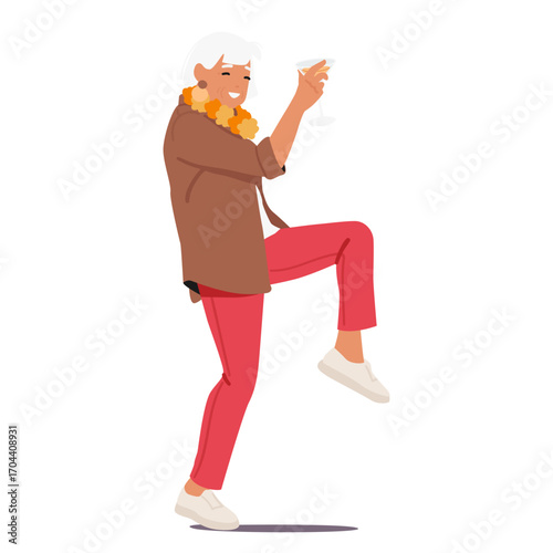 Elderly woman wearing tropical beads of flowers and leaves cute drinking cocktail and dancing