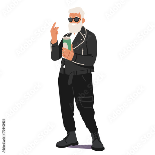 Cool retired man cartoon character in rocker sunglasses and jacket trendy outfit isolated on white