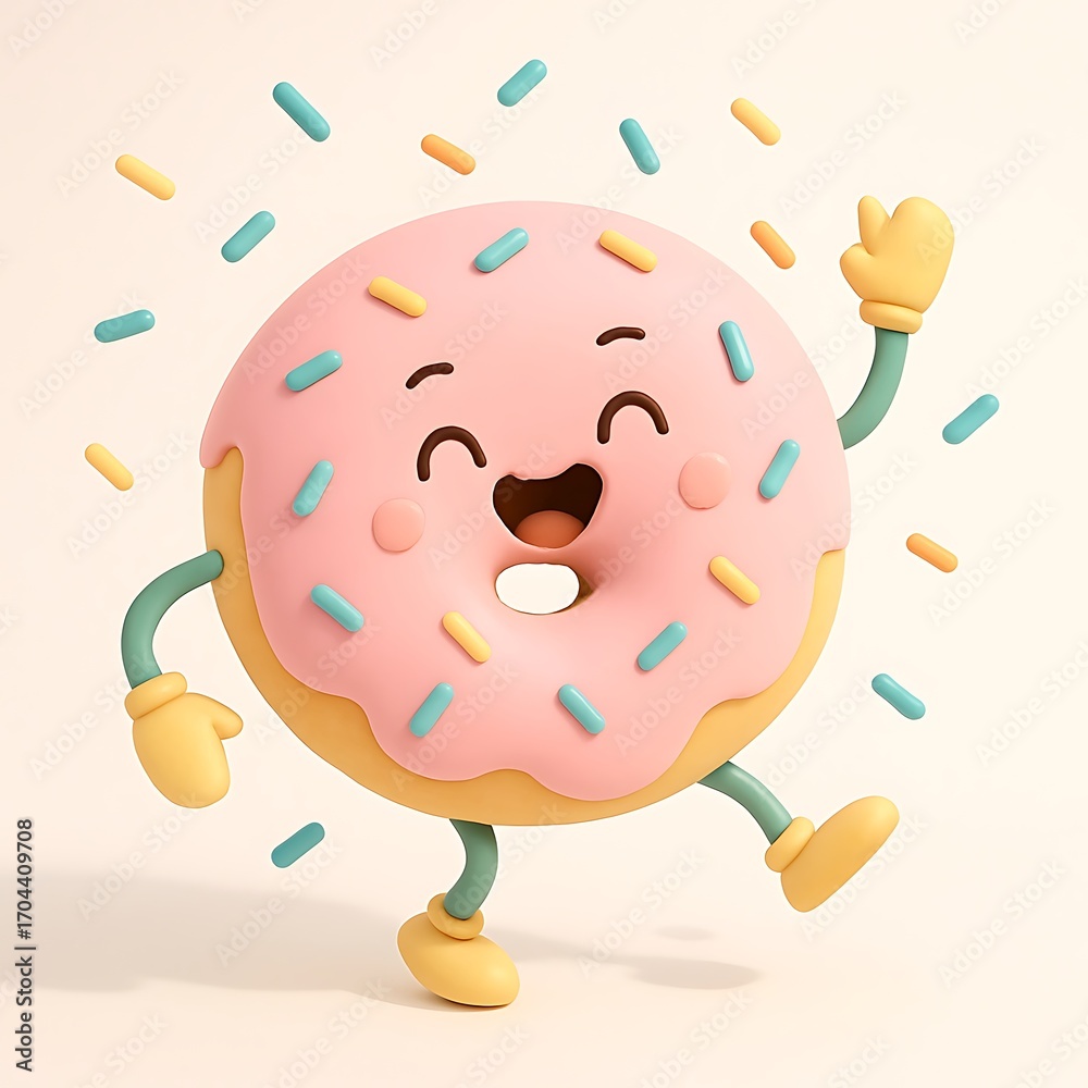 Fototapeta premium Cute pink frosted donut character with sprinkles dancing happily isolated on white background