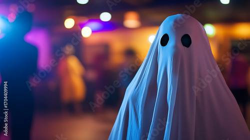 Spooky ghost costume at a party. Silly specter in a sheet, fun and festive spirit with blurred party scene in the background, bokeh lights, seasonal spooky fun.