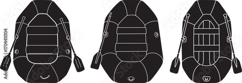 Three overhead views of a black inflatable raft silhouette
