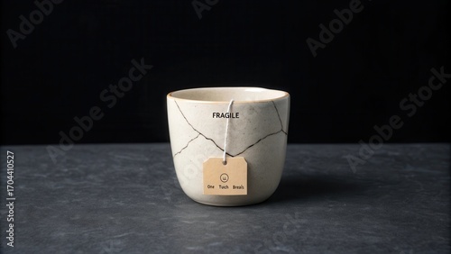Cracked Ceramic Cup with Tag Marked Fragile on Dark Background