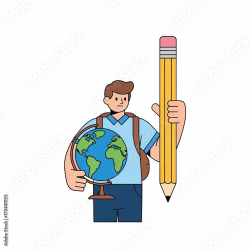 student holding globe and giant pencil educational concept