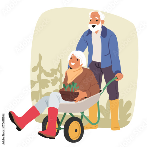 Active senior grandparent couple enjoying gardening time together having fun while planting scene