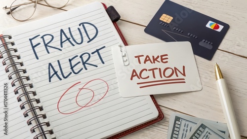 Fraud Alert and Action Plan on Desk with Credit Card and Cash