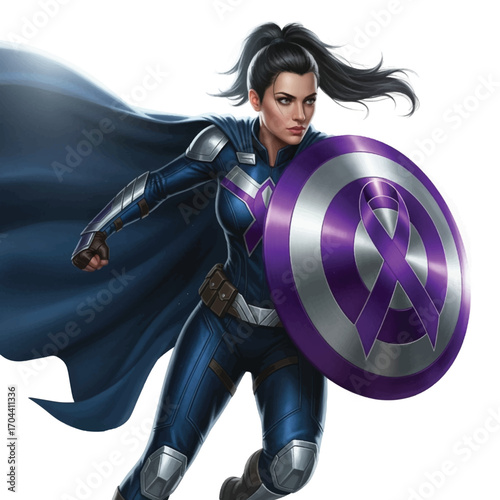 Strong female superhero in armor with shield and cape