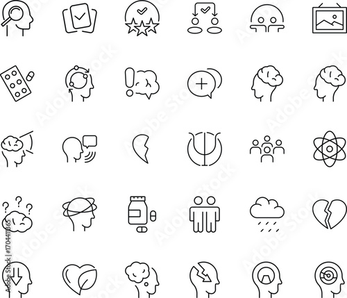 Clean outline icons set created for psychology therapy, hospital healthcare, emotional wellness, stress recovery, counseling communication, resilience growth, mindfulness practice, teamwork.