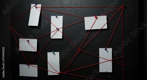 Detective board with blank notes and red strings
