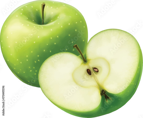 Whole Green Apple and Halved Green Apple with Seeds on White Background fruit whole fruit