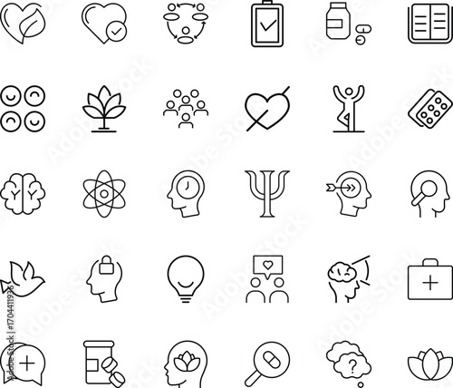 Line style vector icons collection showing mental wellness, therapy sessions, healthcare medication, mindfulness activities, human brain ideas, family support, stress recovery, yoga balance.